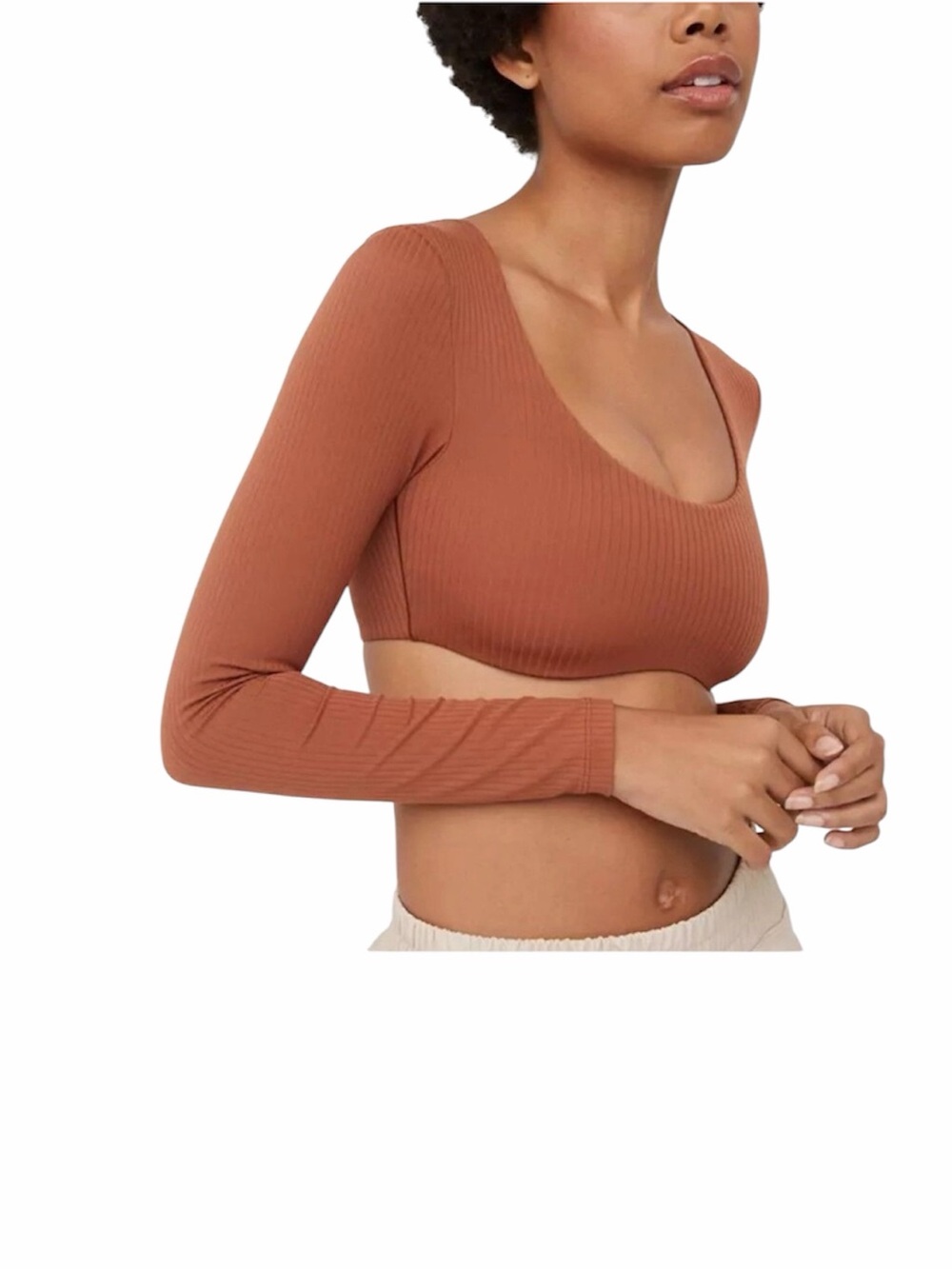 Aerie offline real me rust ribbed nylon padded bust long sleeve crop top size M